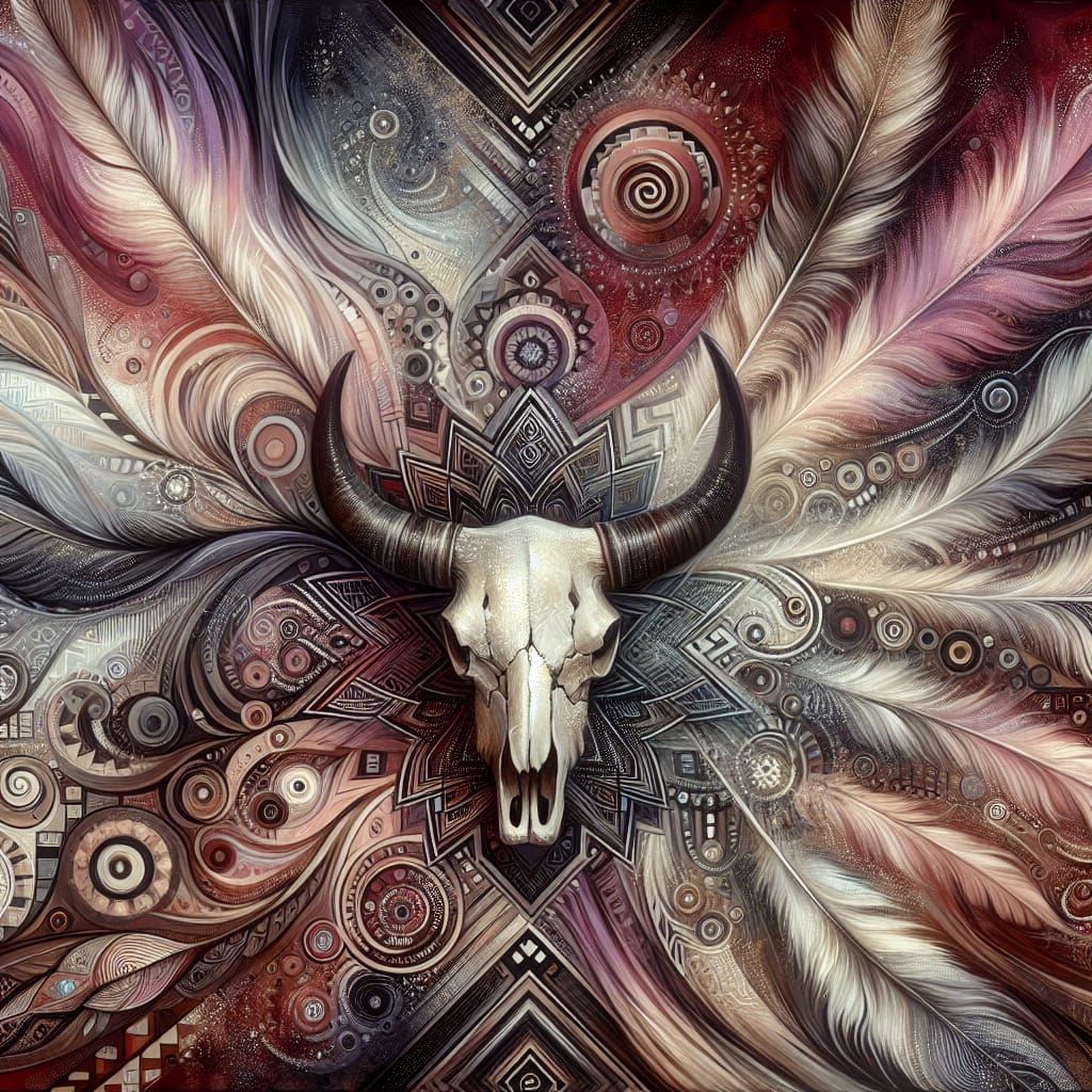 Ethereal Native American Oil Painting with Bull Skull
