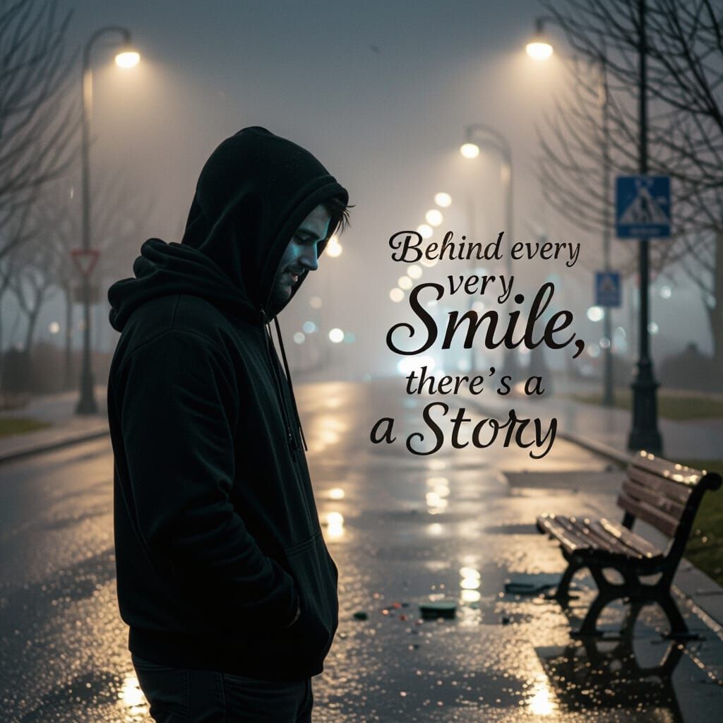 Man in Blue Light on Wet Road with "Story" Text