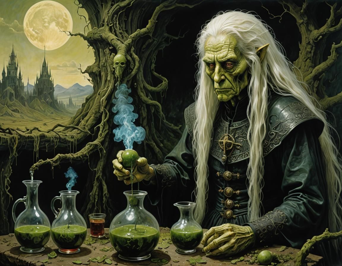 elven wizard brewing a potion