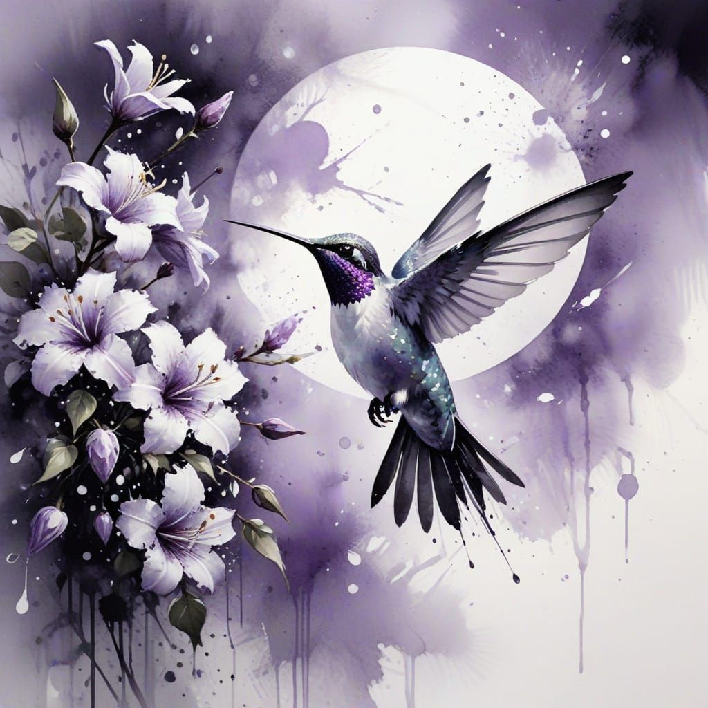 Lilac Hummingbird in Black and White Watercolor