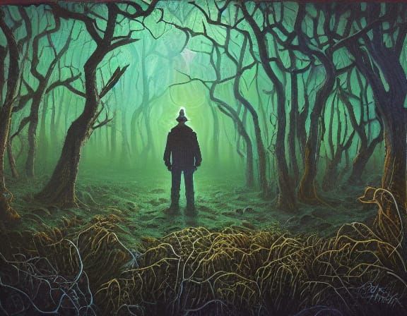 Surreal Alien in Misty Forest - Vibrant Oil Painting