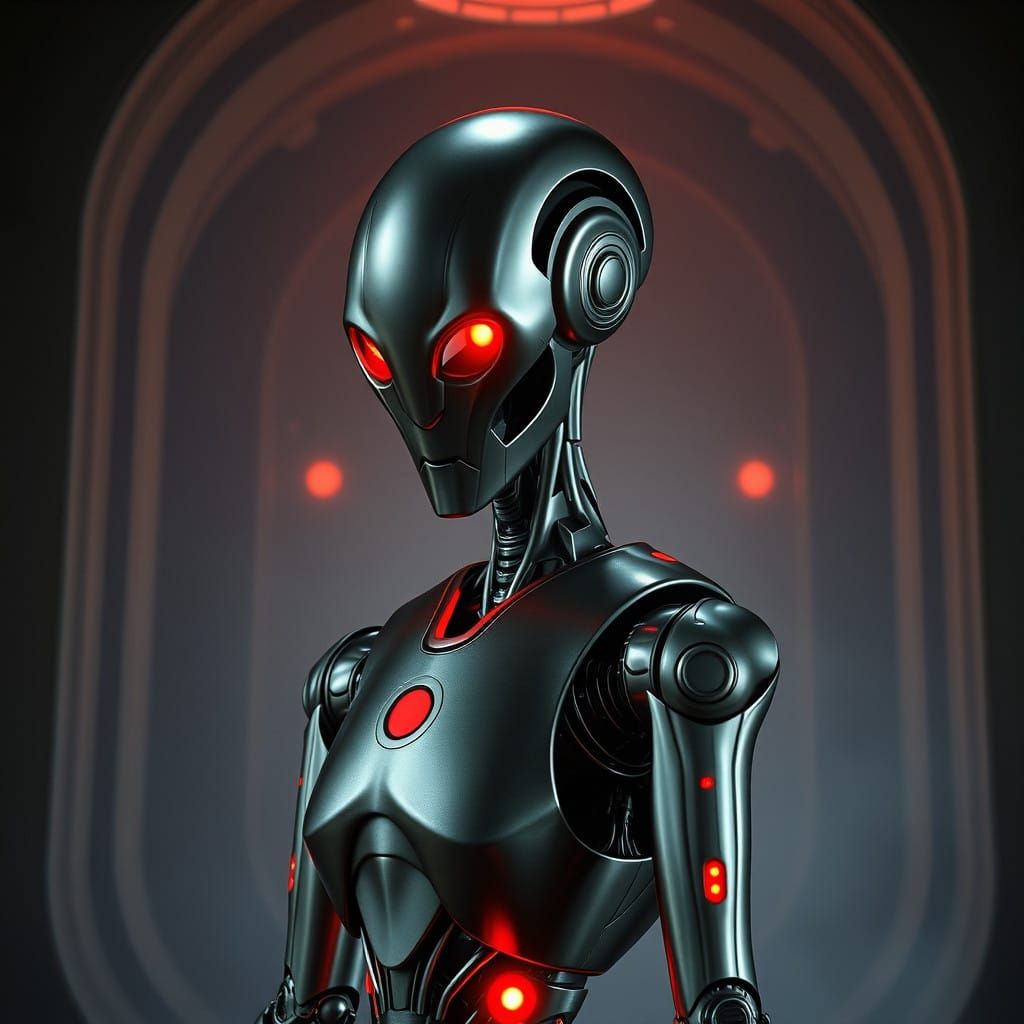 Ethereal Rakatan Droid in Dark, Mystical Chamber