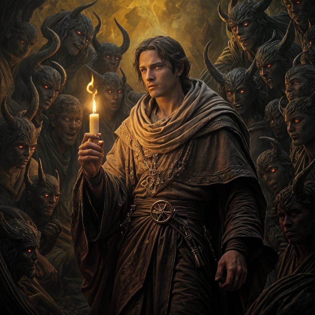 Dark Fantasy Portrait of a Man Beset by Demons in Realistic....