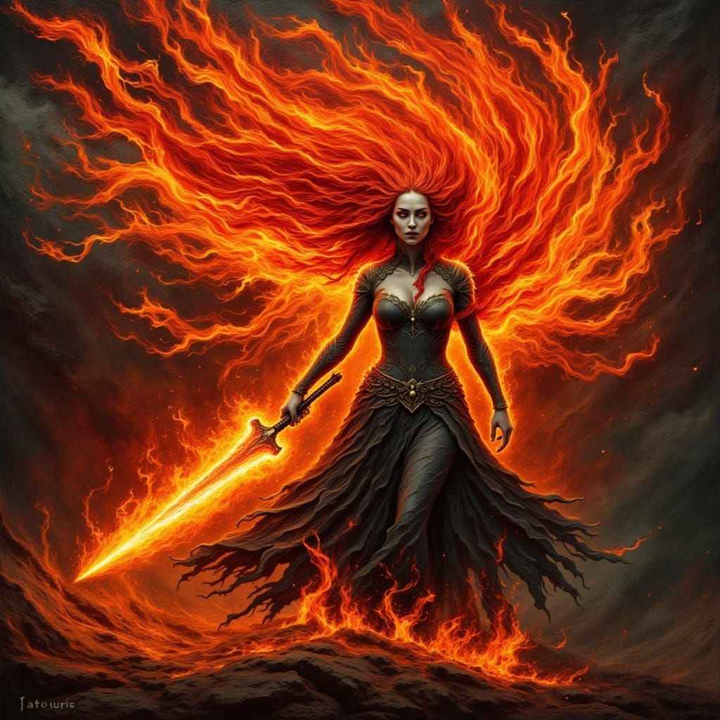 A fire elemental with flaming red hair that is a fire. impas...