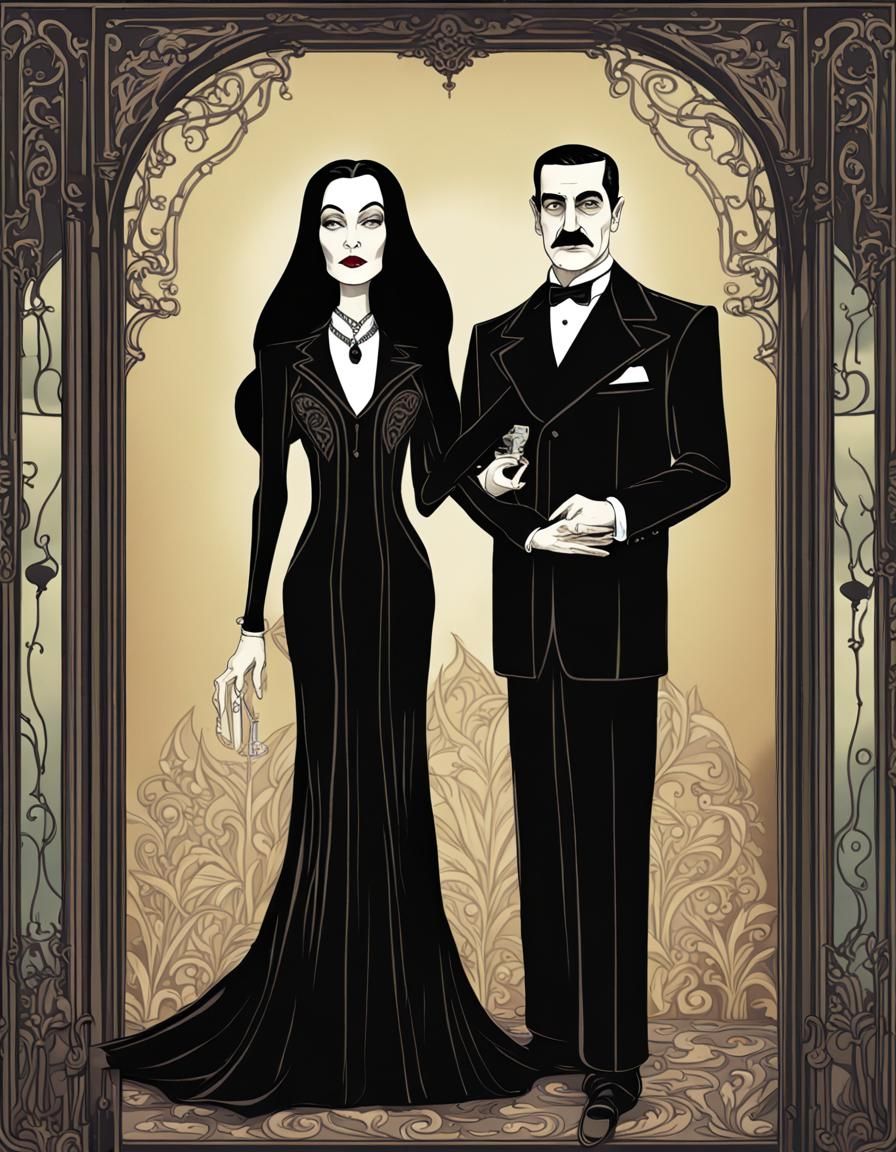 Morticia and Gomez Addams in Art Nouveau Style