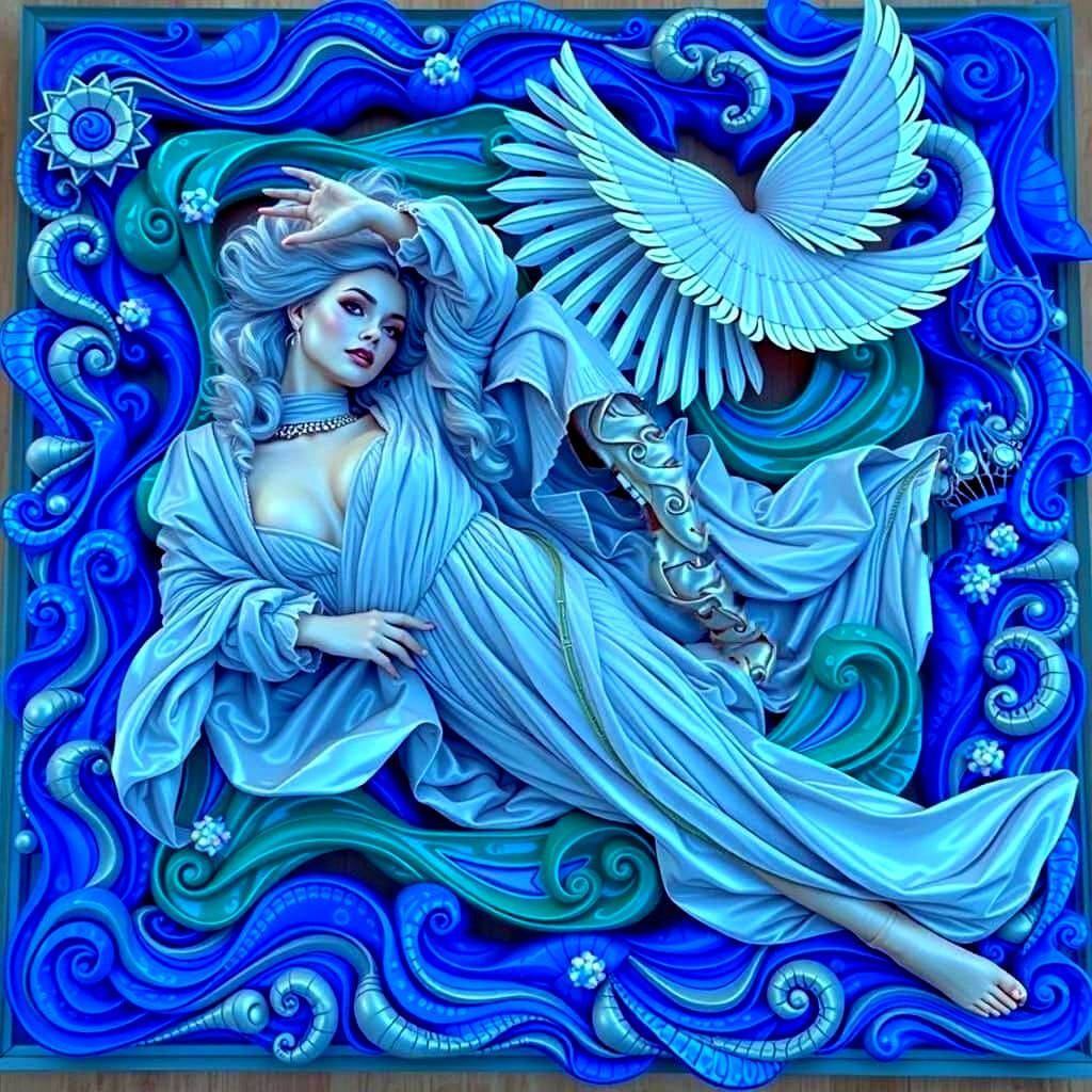 Elegant Woman in Lavish Psychedelic Surrealist Scene