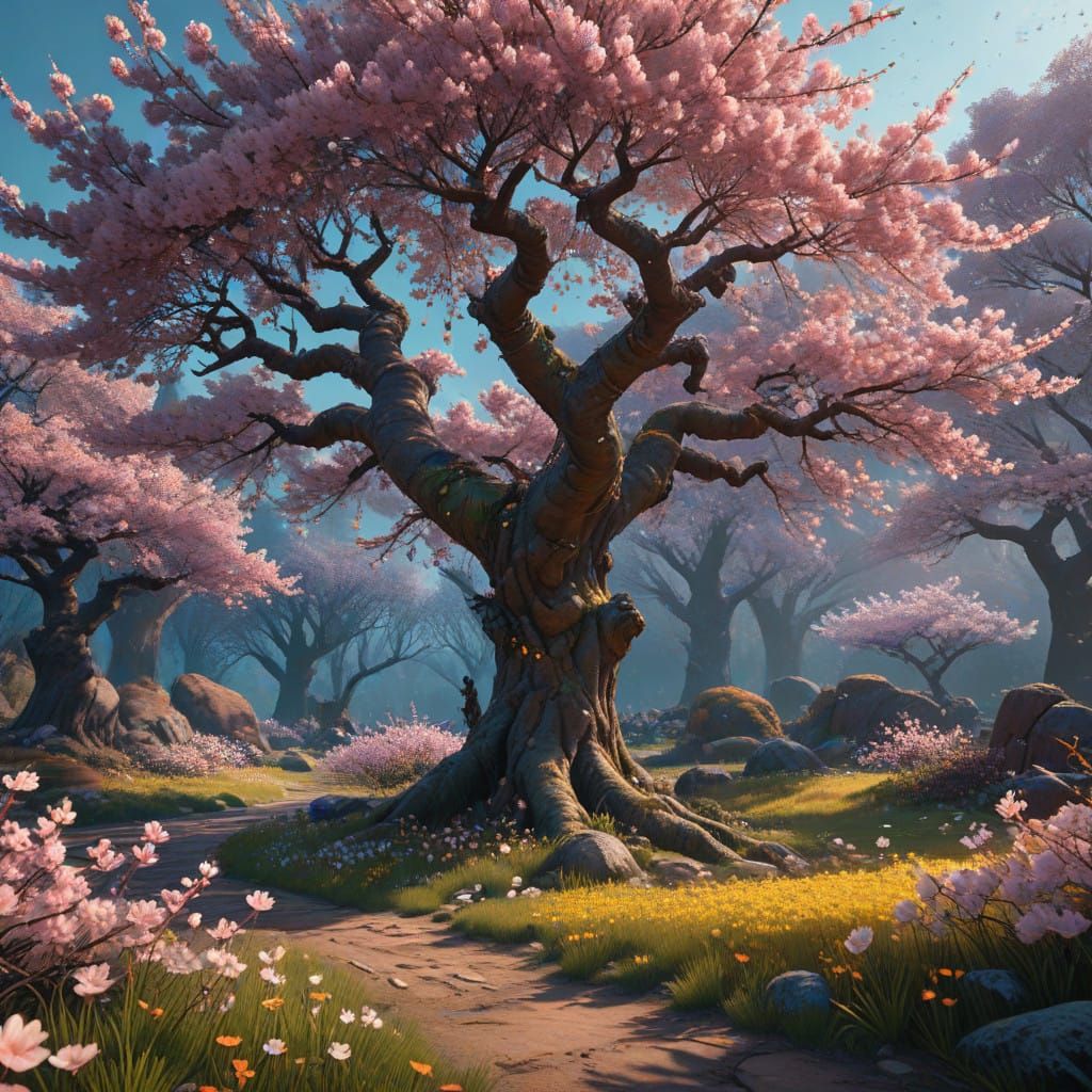 Ethereal Cherry Blossom Wonderland in Vibrant, Fantastical S...