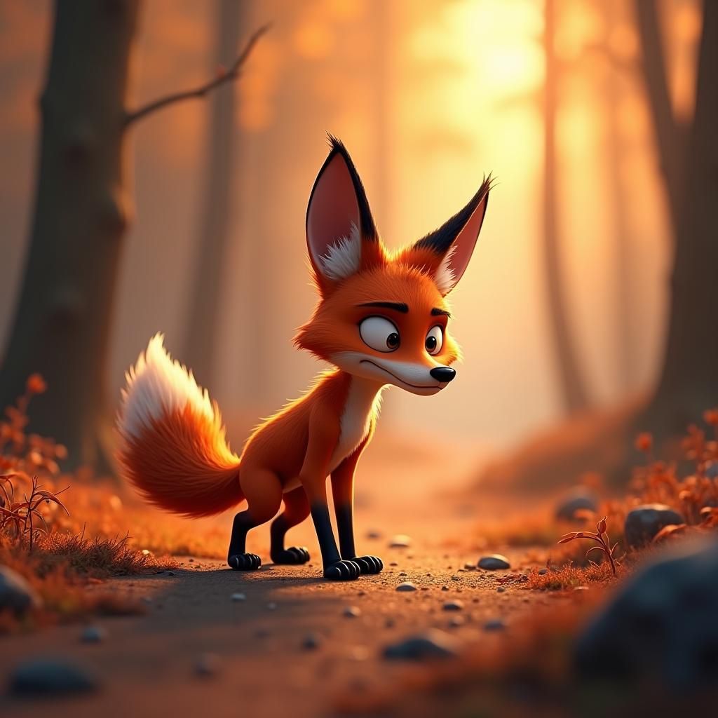 Tired Red Fox Wanders in Animated Forest Style