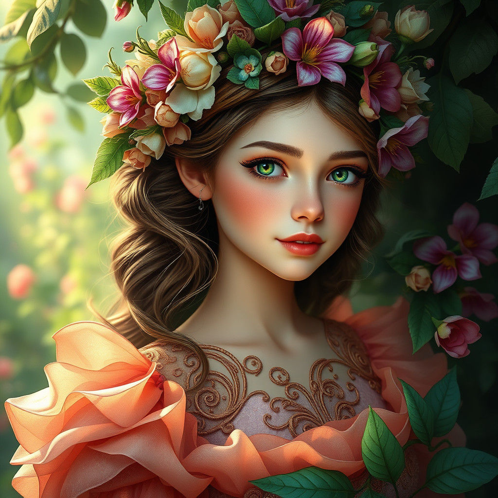 Ethereal Flower Girl in Art Nouveau Style