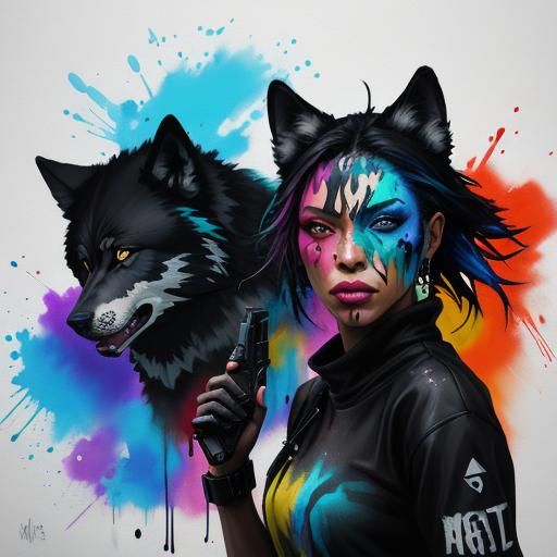 Girl with Wolves: Graffiti Splash Art