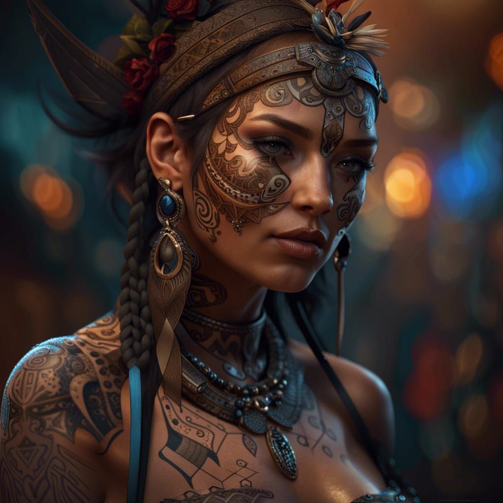 Woman with Tribal Tattoos: Detailed Matte Painting