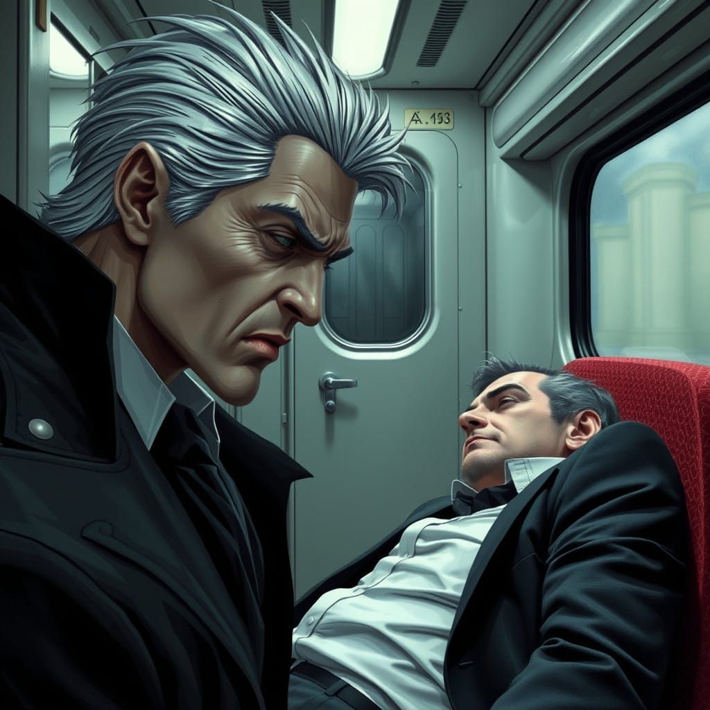 Silver-Haired Vampire Guilt in European Train Bathroom