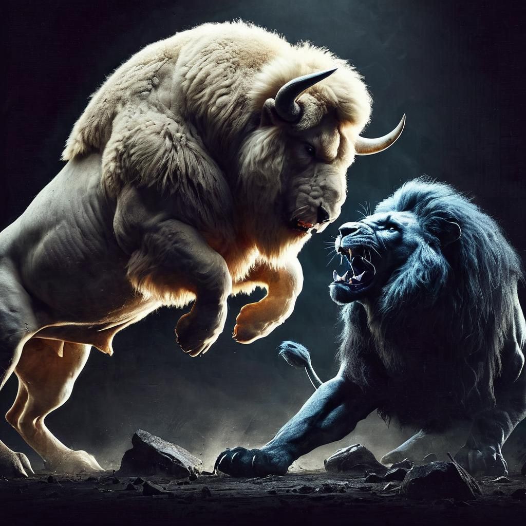 Powerful White Bison vs Majestic Black Lion in Fiery Backlit...