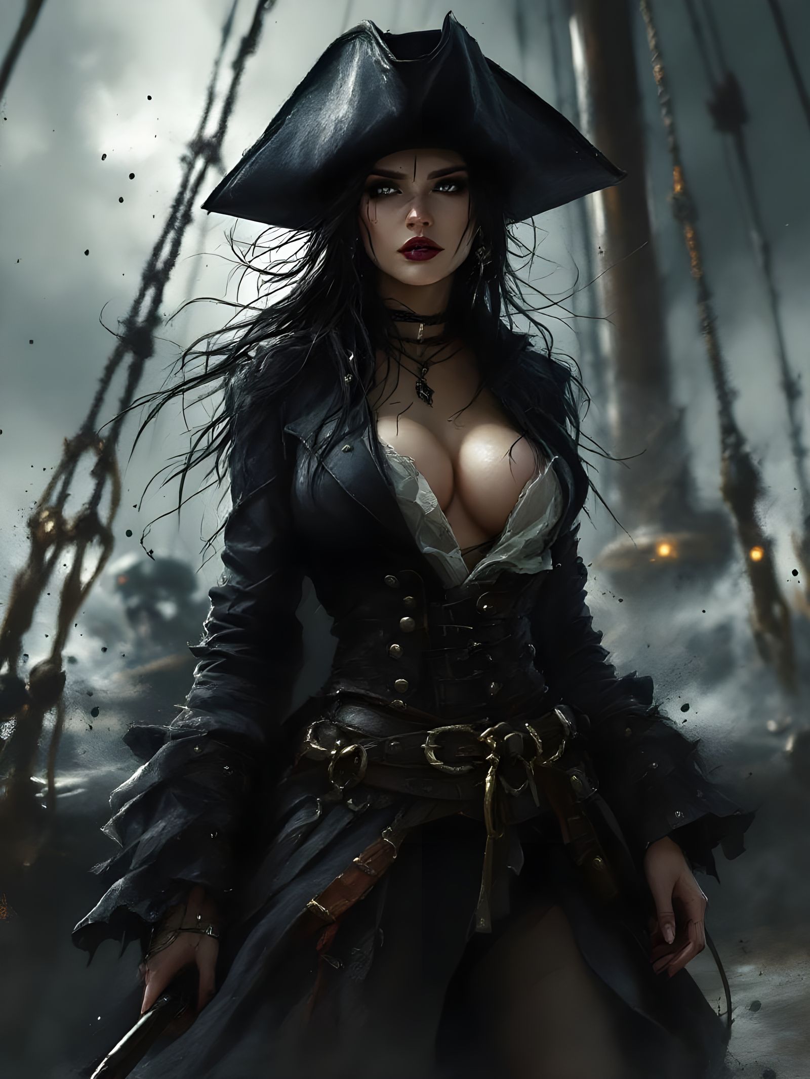 Busty Pirate Captain in Stormy Seas