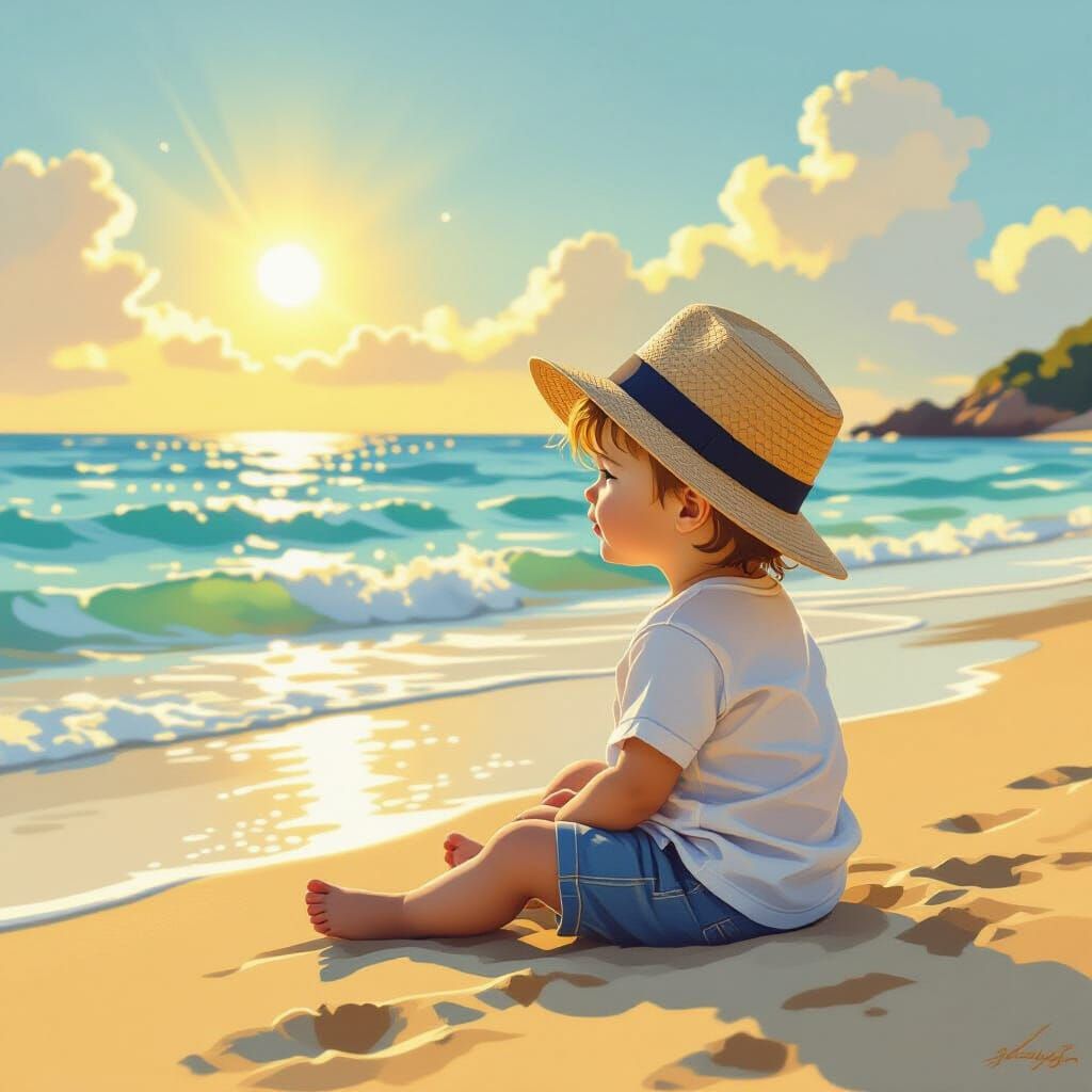 Boy in Straw Hat Gazes at Sea on Beach at Golden Hour