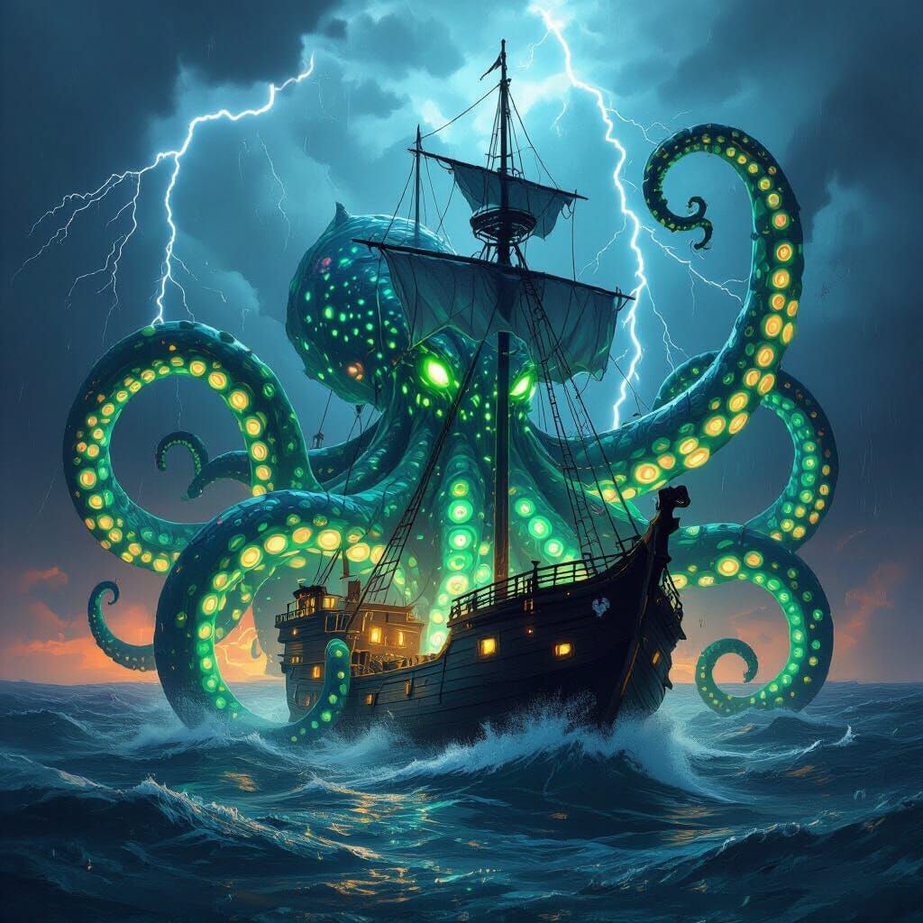 Giant Bioluminescent Kraken Attacks Pirate Ship in Storm