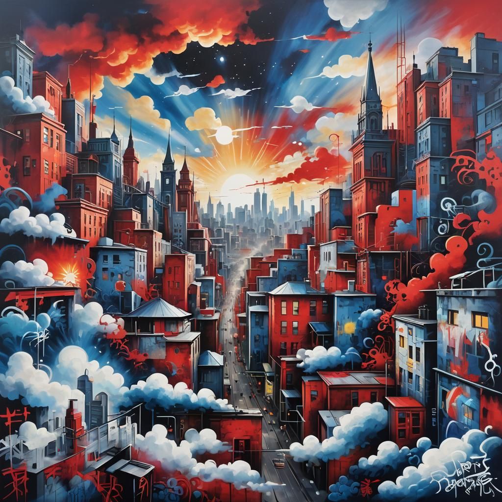 Ethereal Graffiti: Urban Mural with Celestial Themes