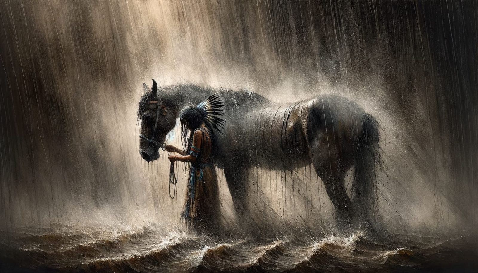 Ethereal Sioux Girl Comforts Distressed Horse in Stormy Floo...