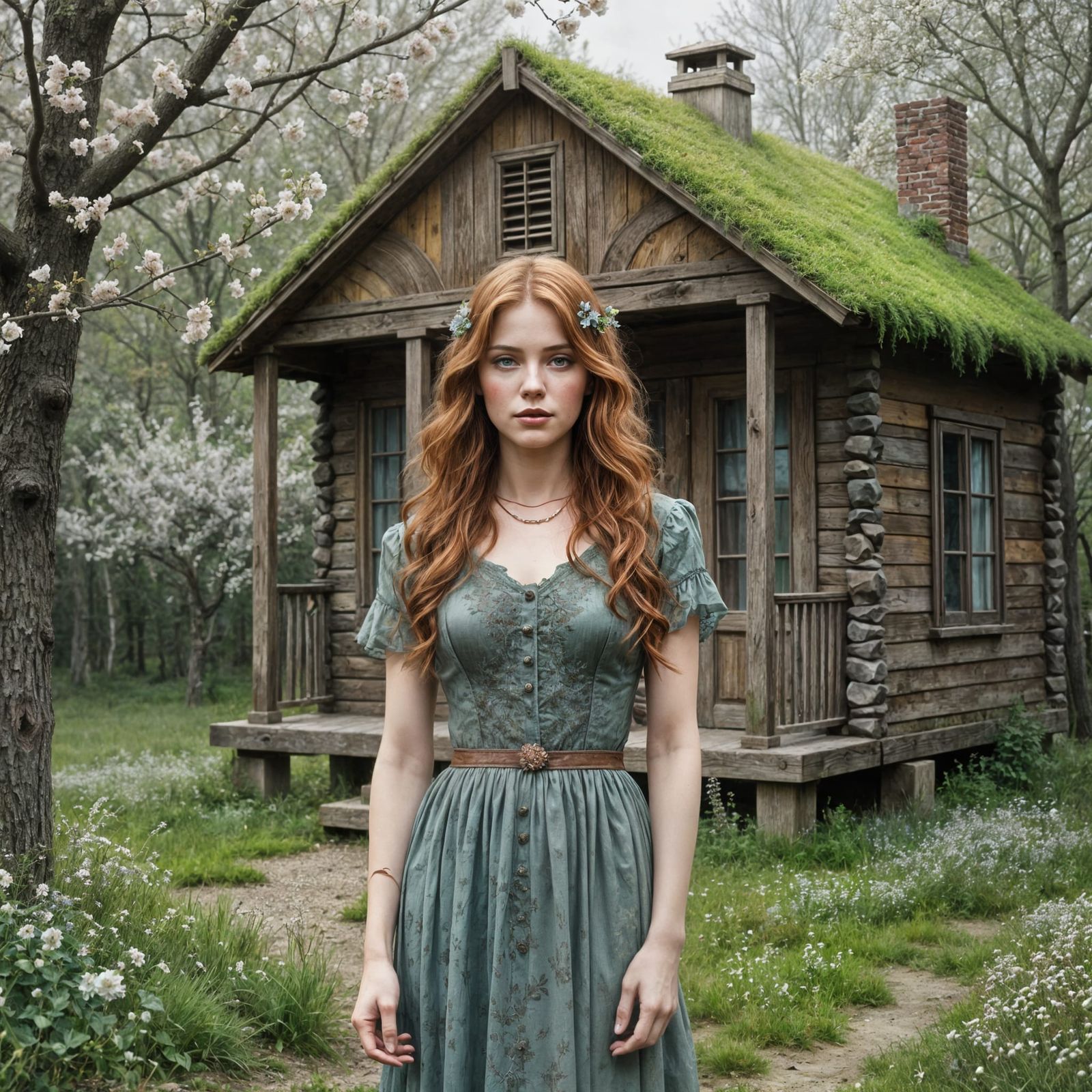 Elegant Woman in Spring Blossom Watercolour Portrait