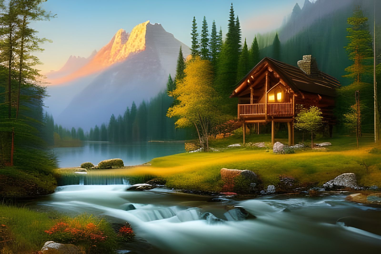 Lovely cozy log cabin in mountain forest with waterfalls at the golden hour -3589