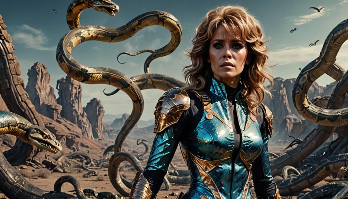 Barbarella Attacked by Snakes: Fantasy Concept Art