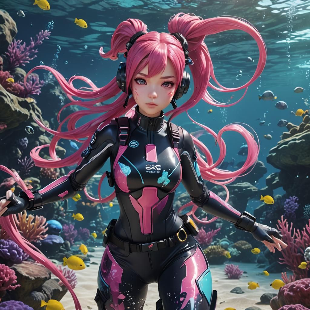 Anime Girl in Futuristic Scuba Gear Underwater