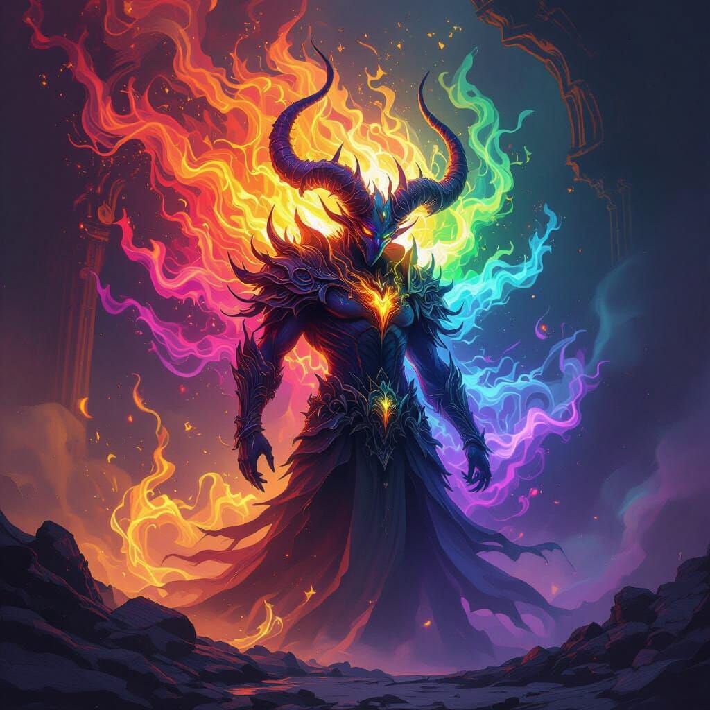 Majestic Rainbow Flame Demon in Dark Fantasy Style