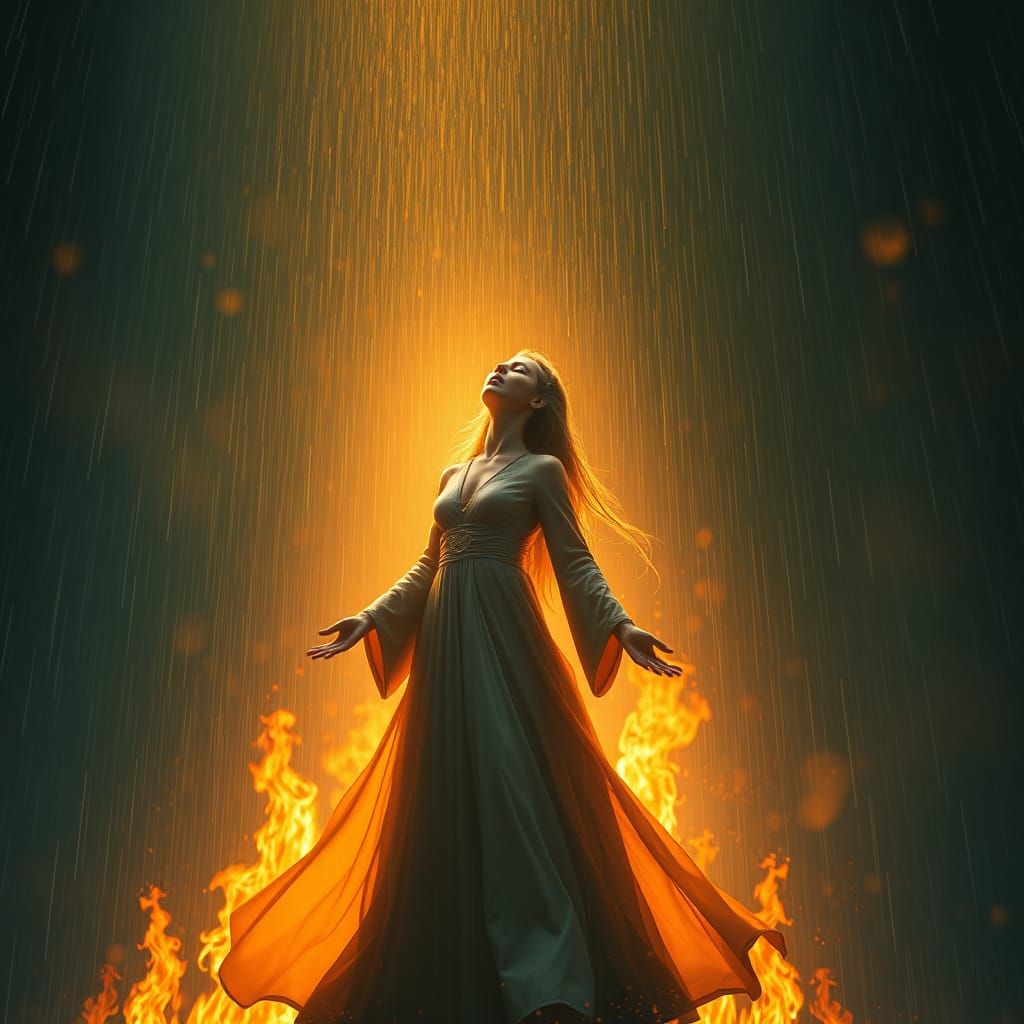 Woman Singing in Rain of Fire: Digital Art