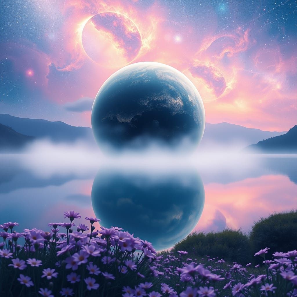 Dreamy Planet Over Lake in Watercolor Style