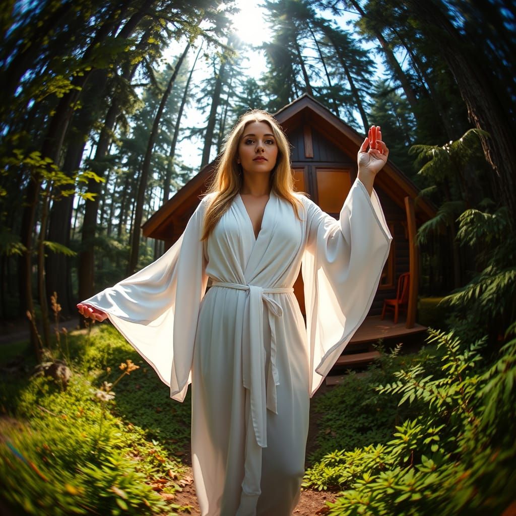 Goddess in Forest Cabin, Psychedelic Art Style