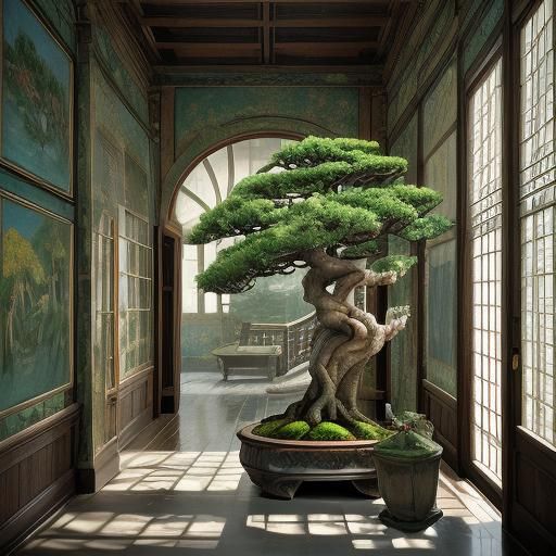 Bonsai Flower Stand in Expressionist Oil Painting Style