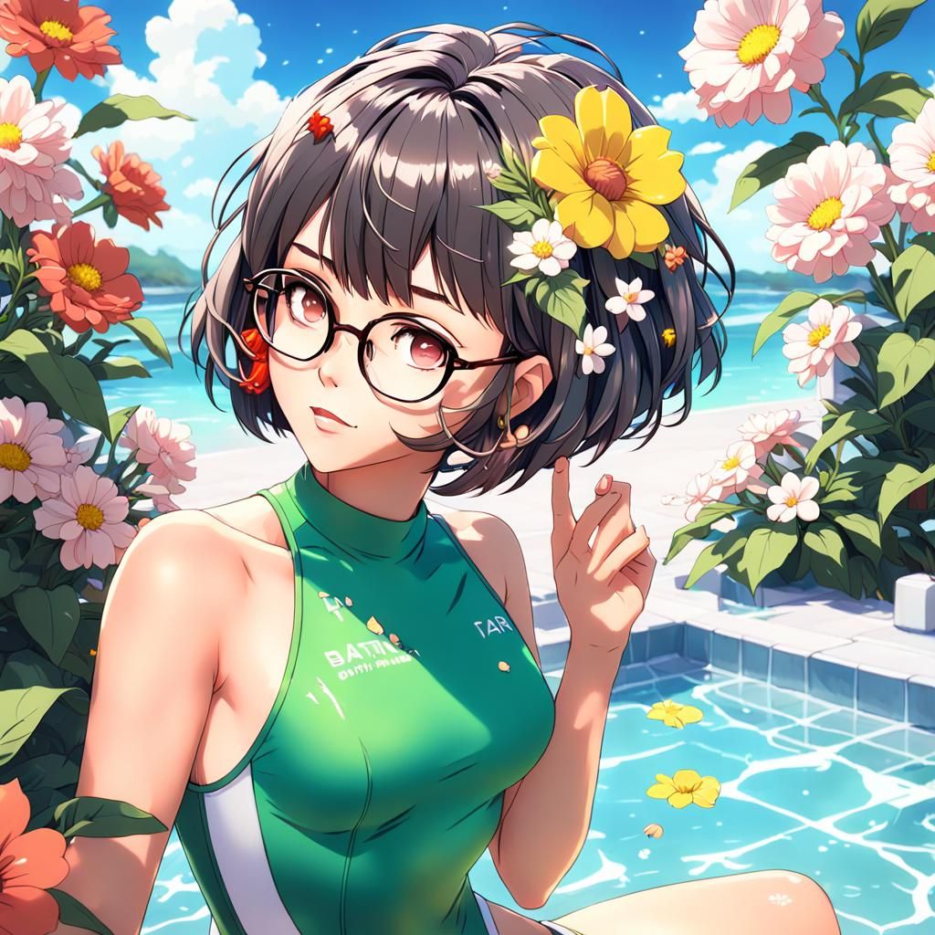 80s Anime Style Woman with Flowers