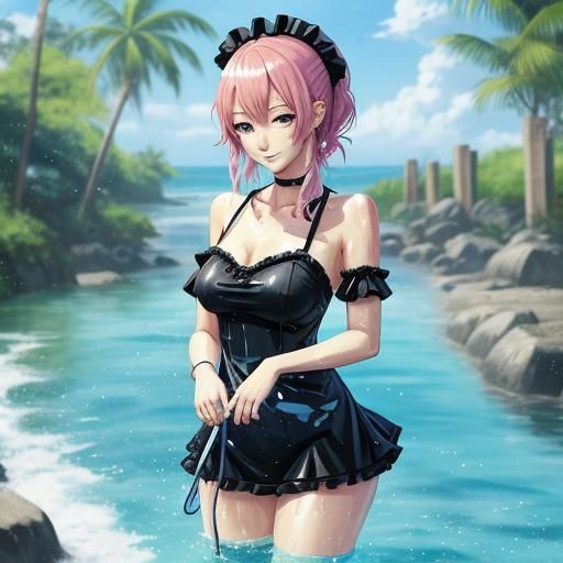 Anime Maid in Wet Bikini and Transparent Dress