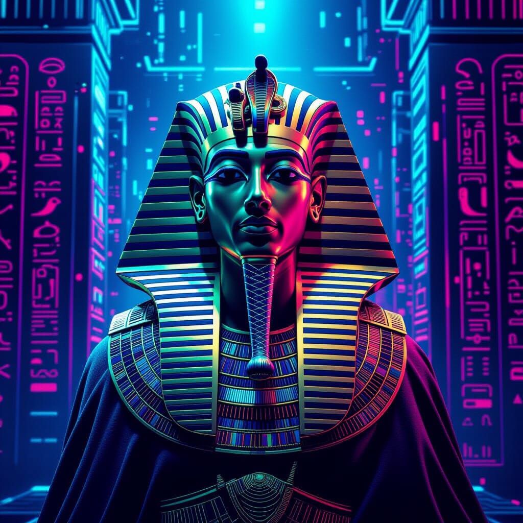 Egyptian Pharaoh in Cyberpunk Retrofuture Style