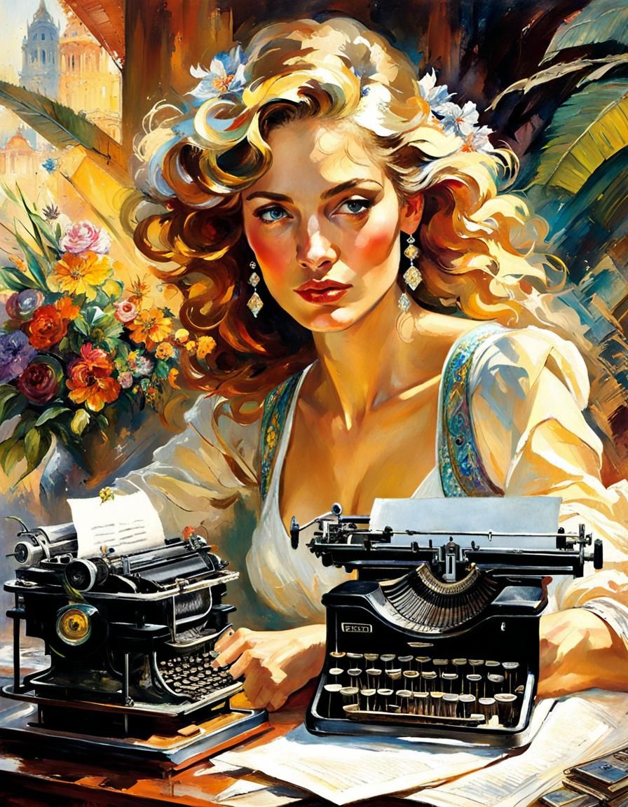 Secretary at Retro Typewriter, Art Nouveau Portrait