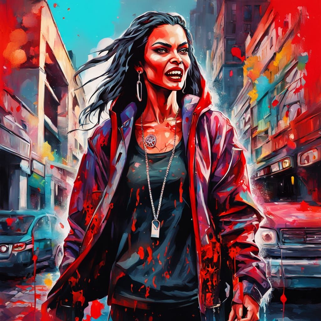 Ethereal Vampire Goddess in Neon Metropolis