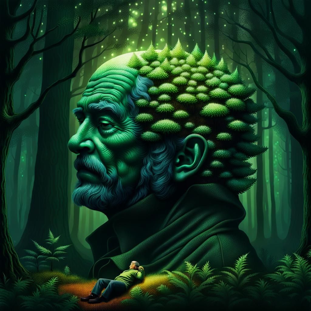 Old Man Sleeping in Forest Hands: Pointillist Surrealism