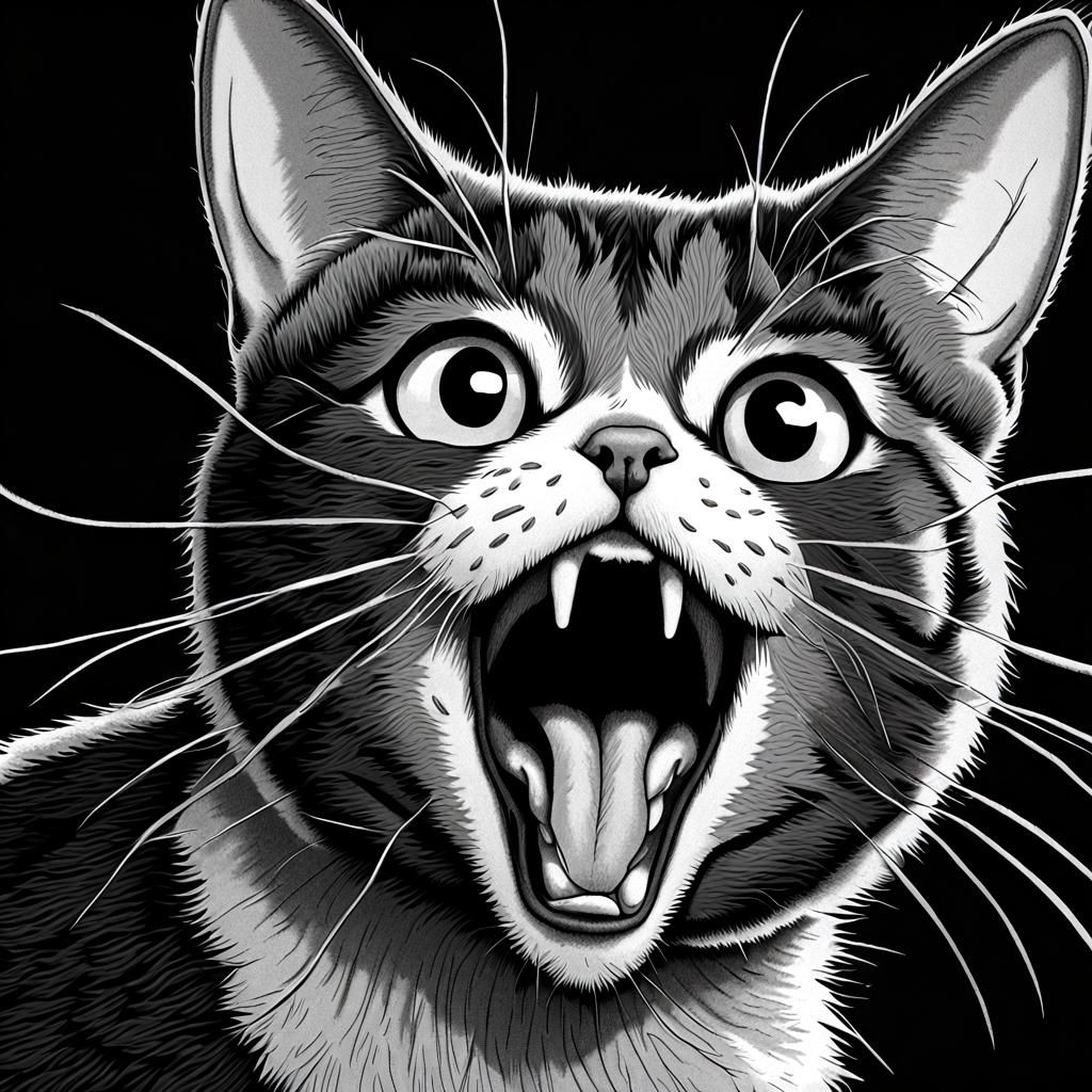 Startled Cat Drawing with Huge Surprised Eyes