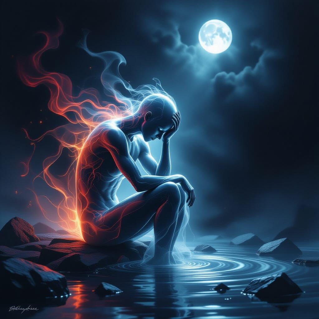 Despairing Figure of Glass and Haze Under Moonlight