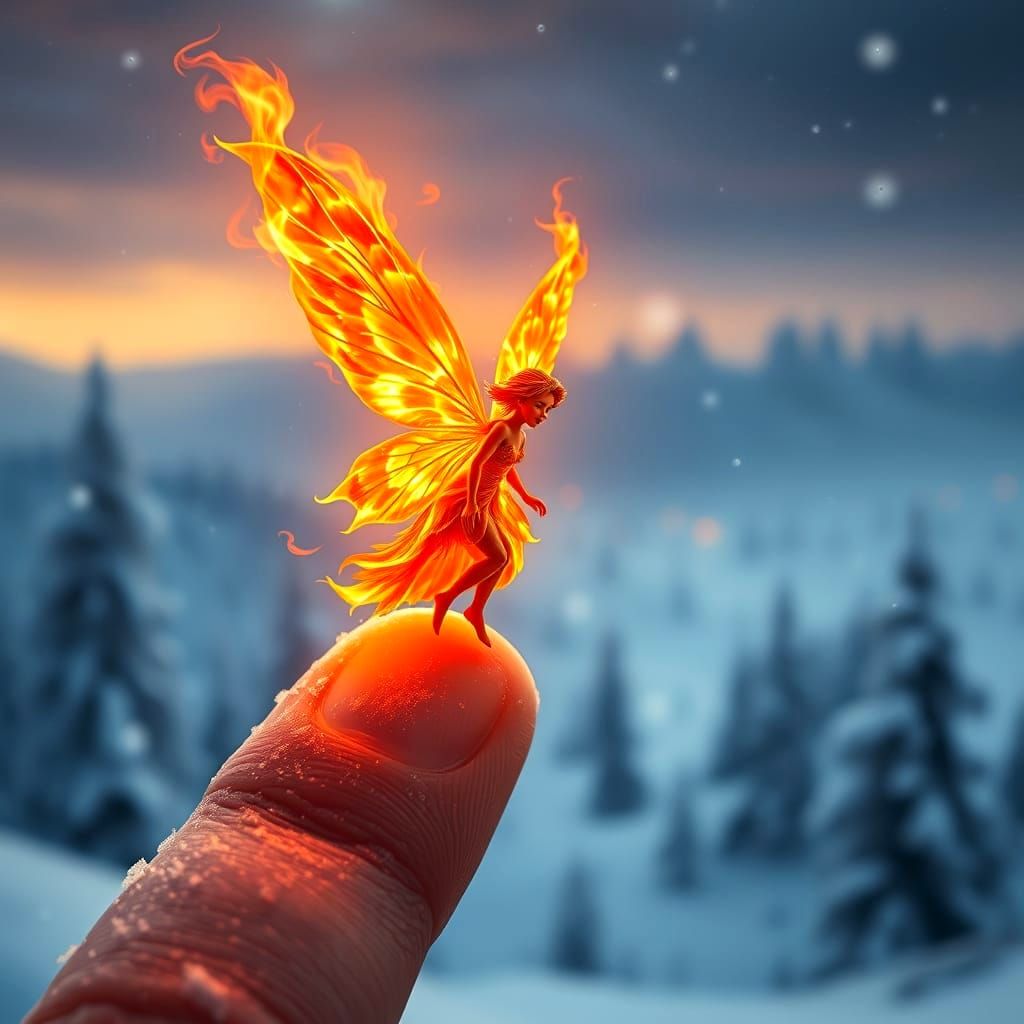 Epic Fiery Fairy Stands on Snowy Fingertip in Hyperdetailed ...