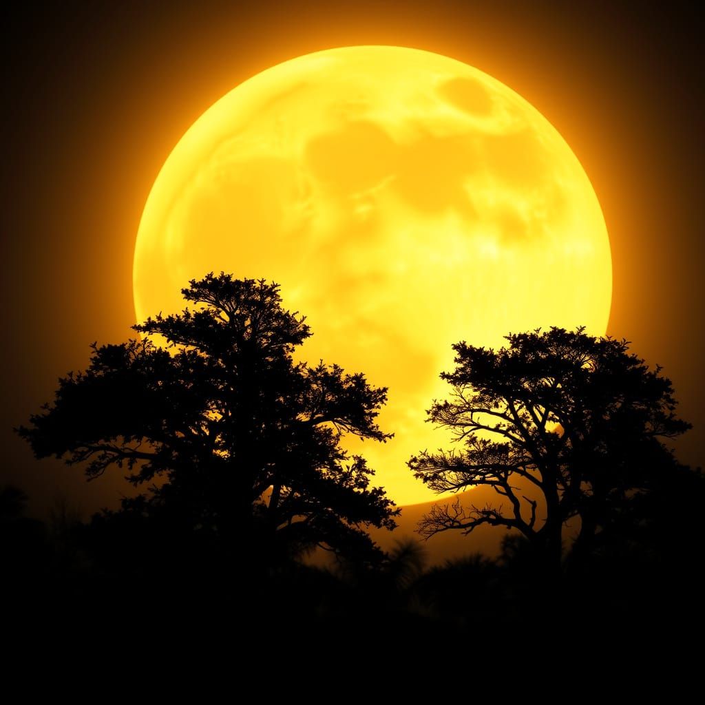 Silhouetted Trees and Animals Against Glowing Sky