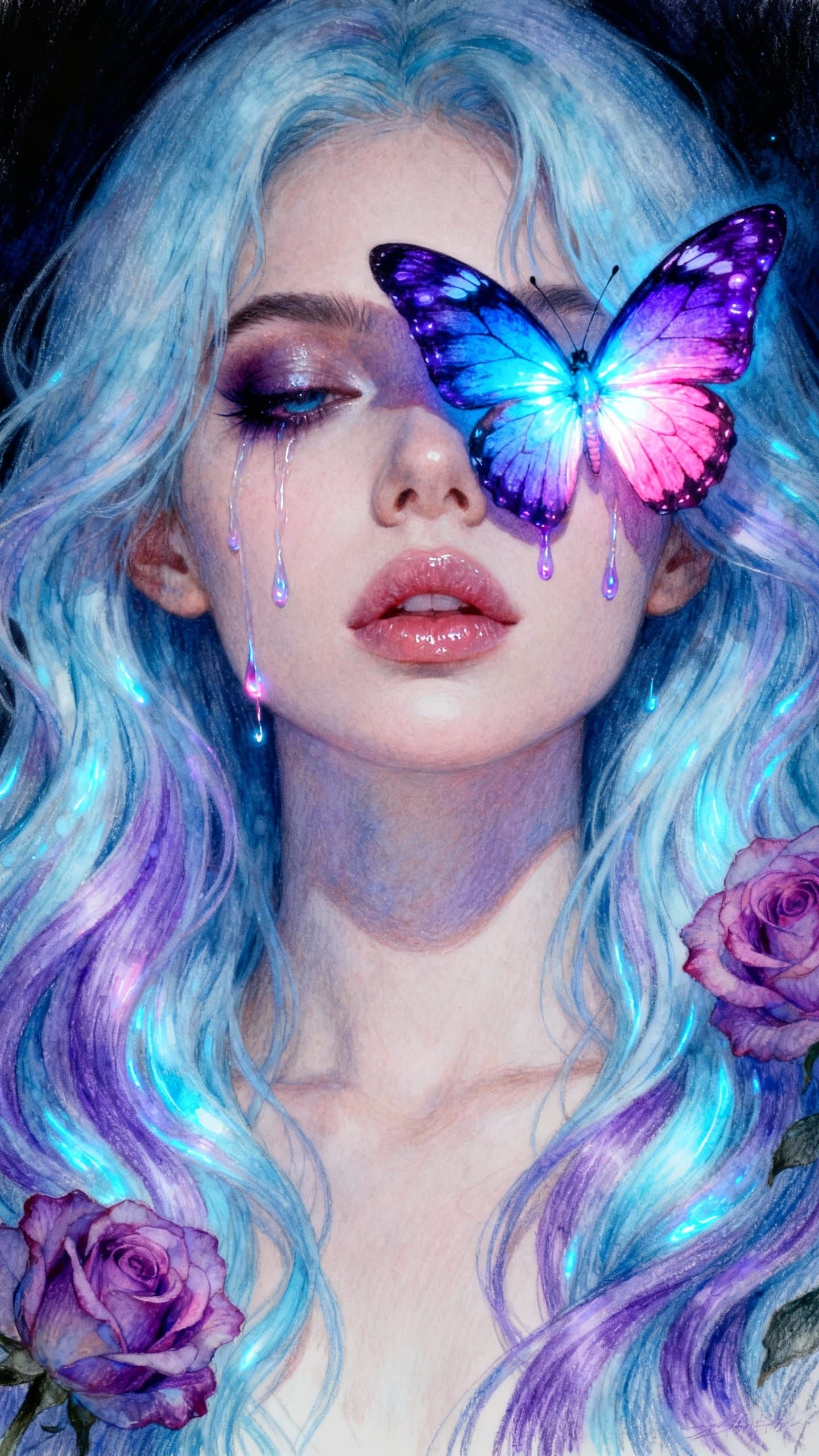 Boho-Gothic Woman With Luminescent Hair and Butterfly