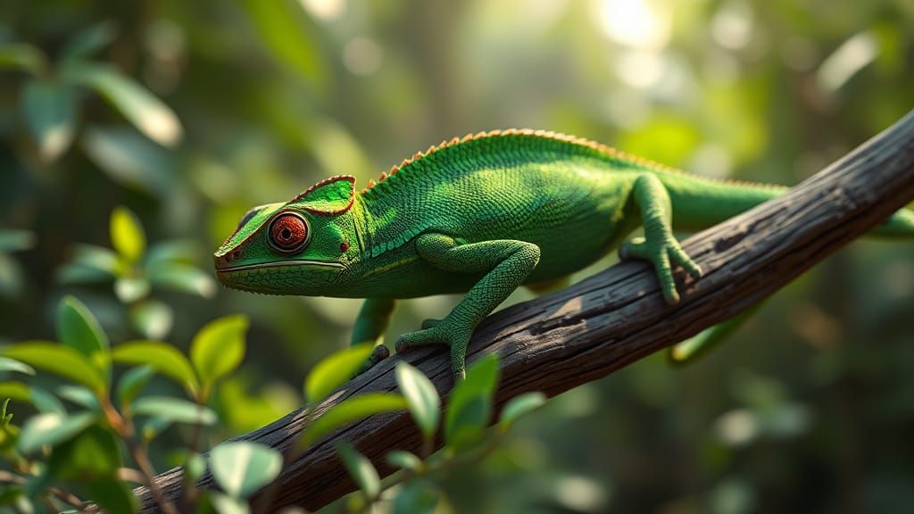 Green Chameleon in Tropical Foliage: Realistic Detail