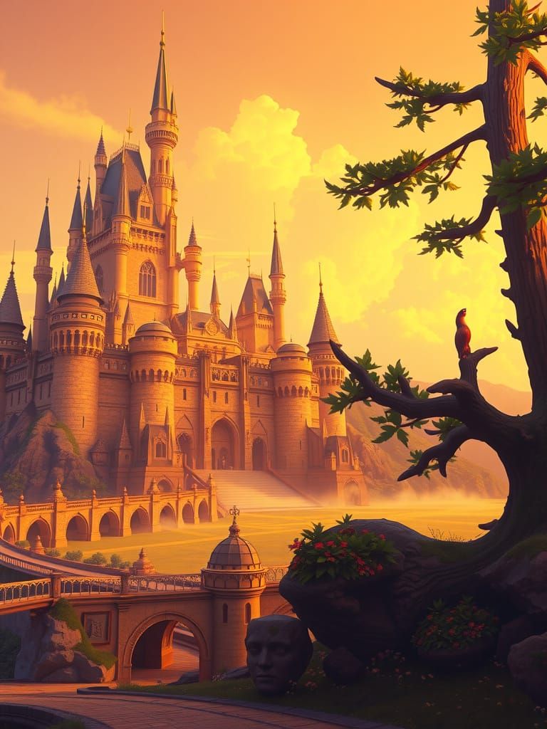 Majestic Fantasy Castle in Golden Light