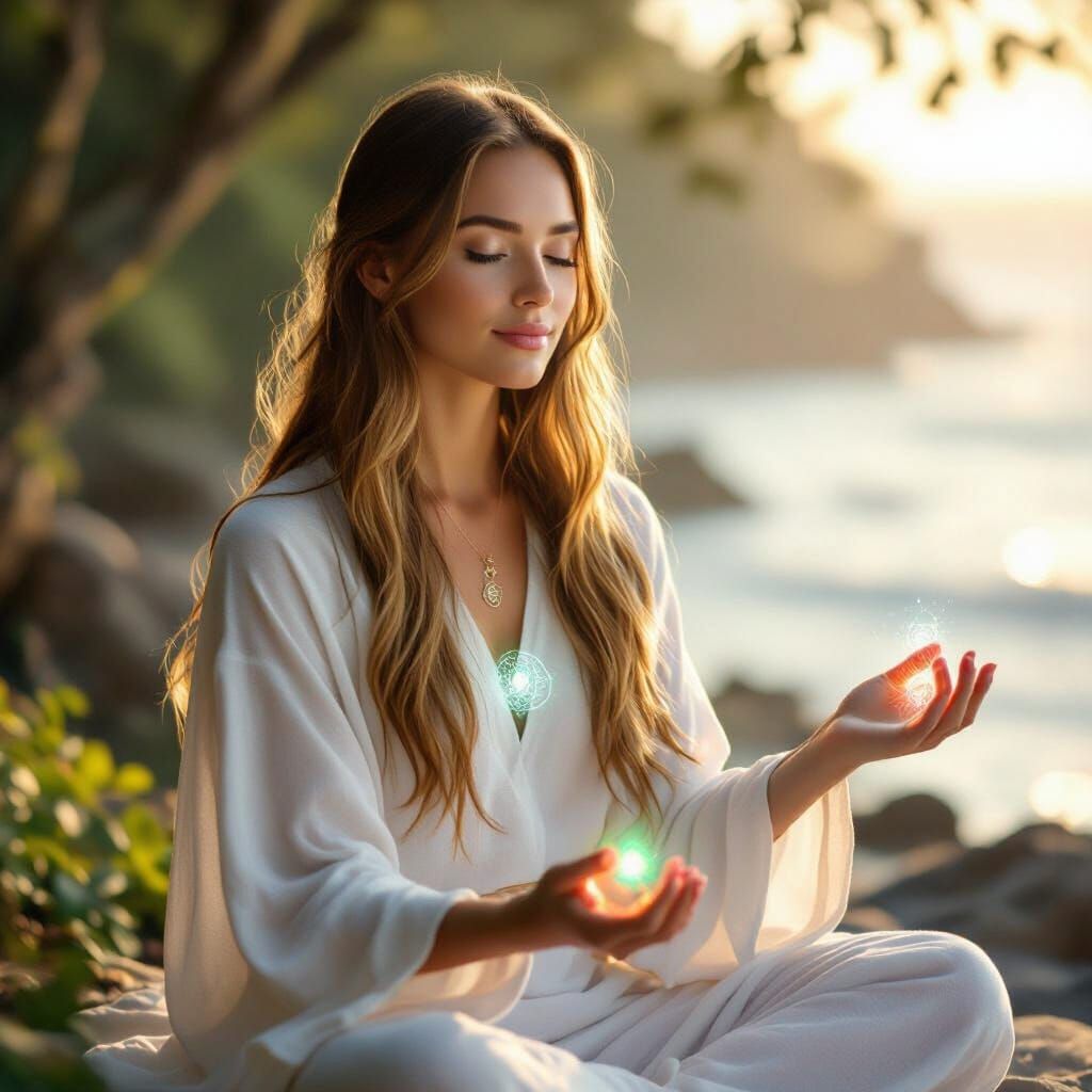 Serene Woman Practices Reiki and Meditation in Nature