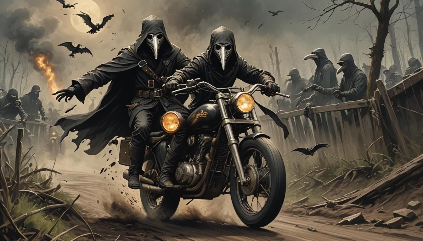 Plague Doctor Motorcycle Jump in Dark Fantasy Style