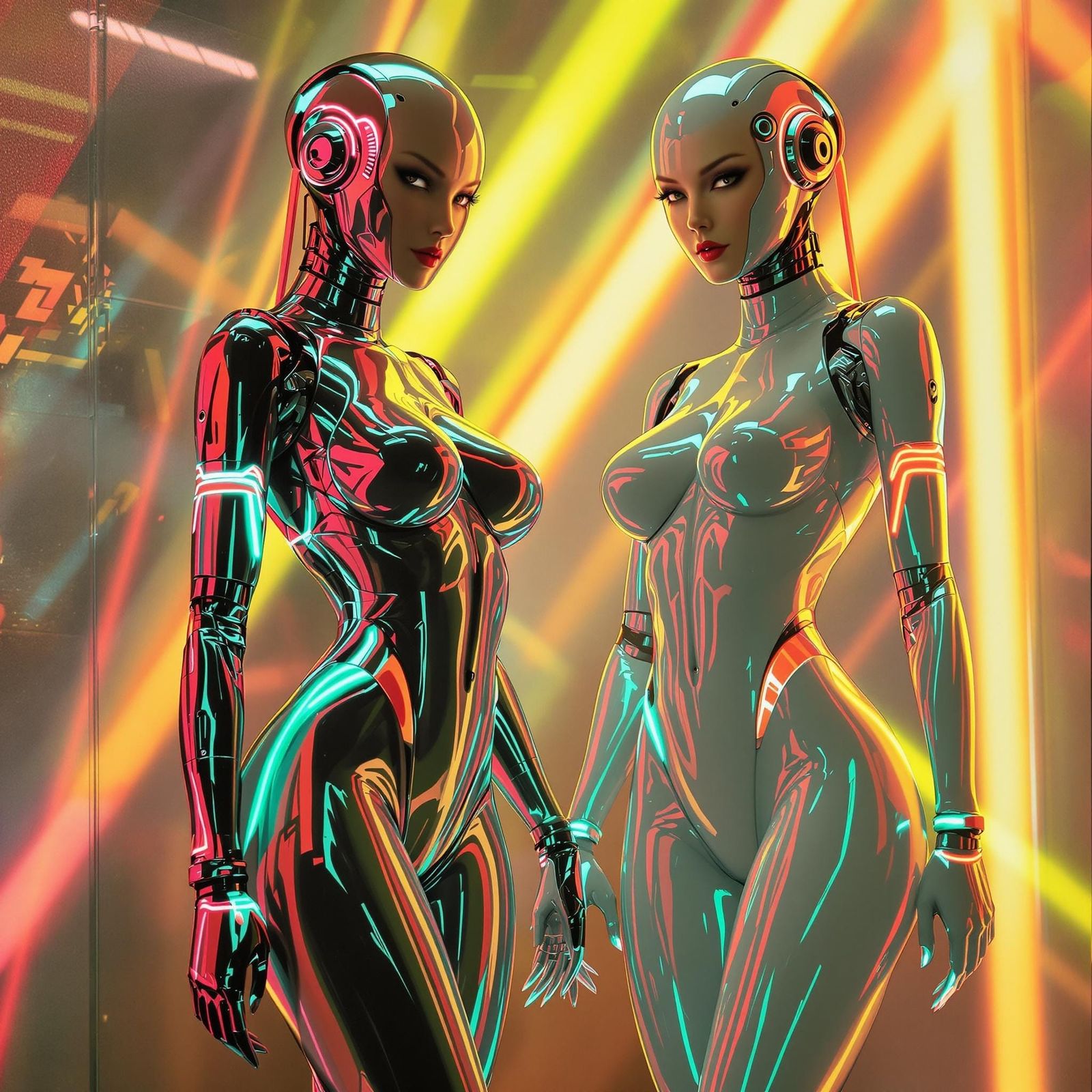 two women cyborgs futuristic latex wide hips medium shot skintight