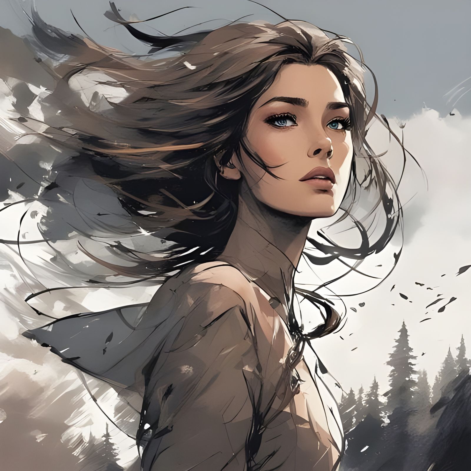 Stunning Portrait of a Tatar Girl in Ink Splash Art