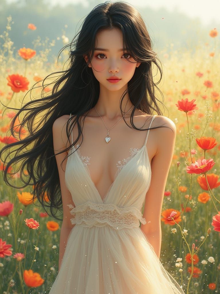 Ethereal Asian Beauty in a Sunlit Meadow