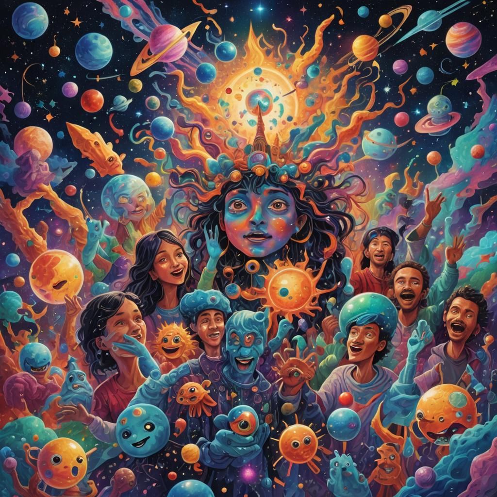 Cosmic Party Scene in Astral Holographic Style